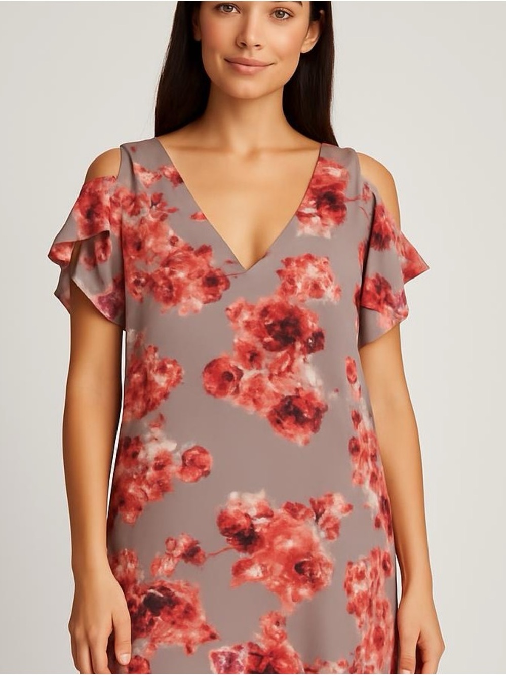 Sugar Lips Women's Cold Shoulder Taupe Floral Dress Size M